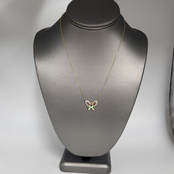 14k Gold Butterfly Multi Colored Gemstone 18in Necklace - Picture 5 of 15